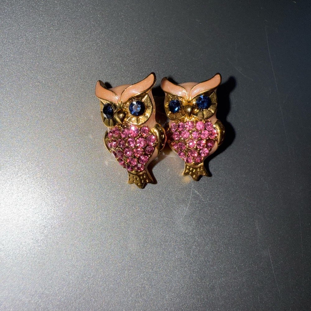 Charming Pink and Gold Owl Stud Earrings